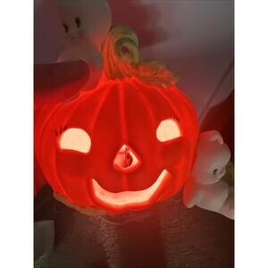 Vintage Enesco Light Up Ceramic Pumpkin W/ Two Ghosts Baby Boo Night Light